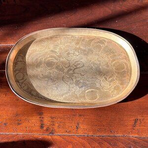 Vintage Engraved Brass Tray Chinese Dragon